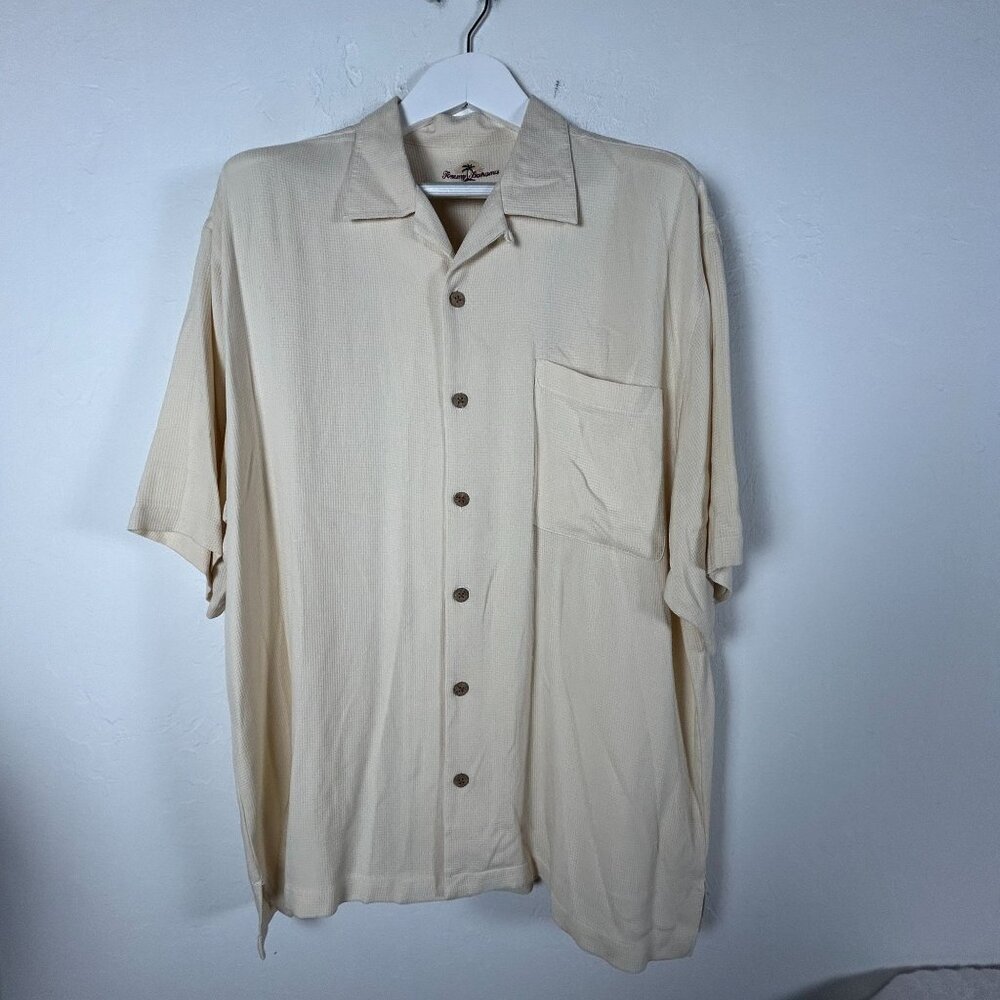 Tommy Bahama Mens Beige Short Sleeve 100% Silk Button-Up Camp Shirt XL Casual